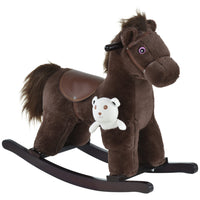 Qaba Kids Plush Rocking Horse with Wooden Rockers - Brown-Traditional rocking toy with a fun horse design 
