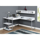 Monarch Specialties 7162 Computer Desk - White/Silver Metal Corner-Open and closed storage options include 2 fixed, open shelves on the left, 1 wide storage drawer with a silver metal handle and metal drawer glides under the main desktop, and a hutch with 3 cubbies on the right