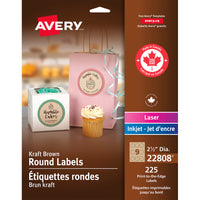 Avery Kraft Brown Laser/Inkjet Permanent Print-to-the-Edge Round Labels, 2-1/2", 225 Pack (22808)-Won't curl or fall off