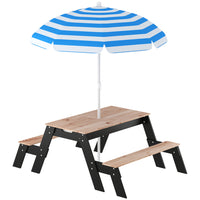 Qaba Kids Picnic Table with Umbrella - Wooden Sand & Water Table - Natural Wood-Removable tabletop reveals hidden boxes for sand or toy storage
