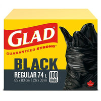 Glad Easy-Tie Black Regular - 74L - 100 Pack-REGULAR BLACK GARBAGE BAGS: Box of 100 bags of Glad Regular 74L black garbage bags