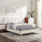 Modway Leah Chevron Tufted Performance Velvet Twin Platform Bed with Gold Metal Legs and Foot Caps - White-Stain-Resistant Performance Velvet