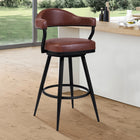 Armen Living Justin 30" Bar Height Swivel Bar Stool in Vintage Coffee Faux Leather with Black Metal Legs-Whether you have a kitchen island, a bar table, pub table or peninsula, we've got you covered with any height you desire. Our bar height stools have a comfortable seat height of 30" and our counter height stools hold you at a convenient 26" seat height.