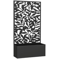 Outsunny Metal Planter Box with 44.5" H Trellis - 24" L x 9" W - Abstract Plant Cut-Outs-Privacy panel with solid leaves motifs serves a trellis 