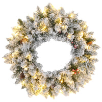 HOMCOM 24" Pre-Lit Christmas Wreath with Pine Cones and Berries - Green-Pine cones and flocked berry clusters for decoration 