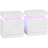 HOMCOM Nightstand with LED Lights- White - Set of 2-Work well as a bed side table, sofa side table, or small organiser for small rooms 