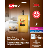 Avery Clear Glossy Laser/Inkjet Print-to-the-Edge Rectangular Labels, 2" x 3", 80 Pack (22822)-Permanent, Rectangular label
