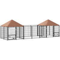 PawHut Outdoor Dog Kennel with 2 Rooms and Adjustable Height Rotating Bowls - 16.2' x 4.7' x 5.1' - Coffee-Two room and activity area offer relaxation and freedom 