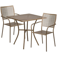 28'' Square Gold Indoor-Outdoor Steel Patio Table Set with 2 Square Back Chairs [CO-28SQ-02CHR2-GD-GG]-Set Includes Table and 2 Chairs