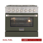 Kucht 36" KDF Series Pro Style Natural Gas Dual Fuel Range - Stainless Steel/Olive Green-6-burner gas range includes one 20,000 BTU dual burner with simmer, one 15,000 BTU burner, one 12,000 BTU burner, two 9,000 BTU burners and one 6,000 BTU