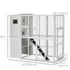 PawHut 76.8" L Large Wooden Outdoor Cat House with Run - White-Multi-tier main house with doors and windows for easy access and better airflow 