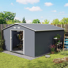 Outsunny 11' x 13' Garden Storage Shed with Foundation Kit - Dark Grey-Double sliding doors for easy access in and out
