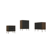 Manhattan Comfort Rockefeller Mid-Century Modern Bedroom Dresser 3-Piece Set - Nature/Textured Grey-Mid-Century Modern Tall Dresser, Standard Dresser and Nightstand Dresser for Bedroom Use. Set of 3.