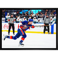 Frameworth Matthew Schaefer New York Islanders Action - Framed Canvas - 31.5" x 22.5"-Officially licensed by the NHL and NHLPA featuring Matthew Schaefer - the 1st overall pick of the 2025 NHL Draft and the first defenseman taken first overall since 2006
