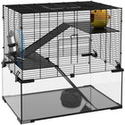 PawHut Hamster/Gerbil Cage with Glass Basin - Black-Three tiers for lots of space