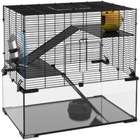 PawHut Hamster/Gerbil Cage with Glass Basin - Black-Three tiers for lots of space