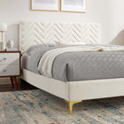 Modway Leah Chevron Tufted Performance Velvet Twin Platform Bed with Gold Metal Legs and Foot Caps - White-Padded Headboard