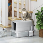 PawHut Stainless Steel Cat Litter Box with Removable Lid & Scoop - Grey-Semi-closed cat litter box suits open-space-loving cats for a comfortable experience 