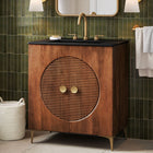 Modway Vernon 30" Fluted Wood Vanity Cabinet With Sink - Walnut/Black-Metal Legs and Round Knobs