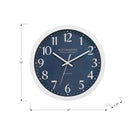 Monarch Specialties 9116 12" Round Wall Clock - Blue Face/White Frame-Constructed with a robust plastic frame and protected by a glass surface with an easy to read numeric display. for indoor use only