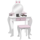 Qaba Kids Vanity Set with Mirror & Stool - Rabbit-Design - White-A kids dressing table set, which includes a vanity table, matching stool and a mirror 

