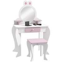 Qaba Kids Vanity Set with Mirror & Stool - Rabbit-Design - White-A kids dressing table set, which includes a vanity table, matching stool and a mirror 
