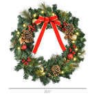 HOMCOM 24" Pre-Lit Artificial Christmas Spruce Wreath with Pinecones and Red Berries - Green-Trimmed with red barriers, pine cones, gold and red ornament balls, a red bow, glitter and more 