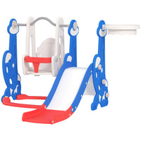 Qaba 4-in-1 Toddler Slide and Swing Set with Basketball Hoop and Climber - Dark Blue-Engaging rocket design sparks imaginative play 