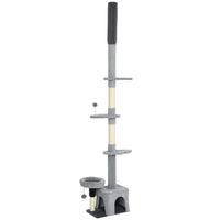 PawHut 87" - 100" Floor-To-Ceiling Cat Tree - Grey-Adjustable height from 88.6" -100.4"(220-255 cm), fits various room sizes 