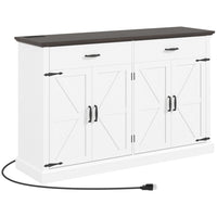 HOMCOM Farmhouse 55.1" L Sideboard Buffet Cabinet - White-Charging station includes two AC outlets, a USB and a USB-C port, with a back hole to manage wires effectively