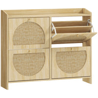 HOMCOM Shoe Cabinet with 4 Flip Drawers for Storage - Natural Wood-Unique rattan doors and wood-effect finish add boho charm to any space