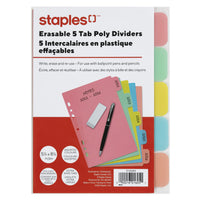 Staples Write and Erase Dividers Multifit - 5 Tab - Coloured-Bright coloured poly divider sets