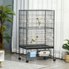 PawHut 52" H Large Metal Bird Cage with Rolling Stand, Storage Shelf and Wood Perch - Dark Grey-Includes 4 wooden perches and 4 plastic food containers 