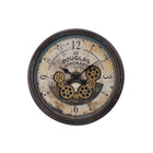 Monarch Specialties Clocks 20" Round Wall Clock - Brown-A trendy 20" round wall clock in antique brown with a functioning gear mechanism against a vintage, aviator print backdrop, adding style to your home decor