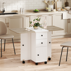 HOMCOM Rolling Drop Leaf Folding Dining Table with Drawers & Storage Cabinet for 4-6 - White and Oak-Fold into a small, compact unit to save space when not in use
