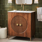 Modway Vernon 30" Fluted Wood Vanity Cabinet With Sink - Walnut/White-Metal Legs and Round Knobs