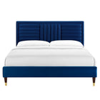 Modway Sofia Channel Tufted Performance Velvet Queen Platform Bed with Wood Legs and Gold Metal Sleeves - Navy-Wood Legs With Gold Metal Sleeves