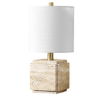 Hudson&Canal Pacha 16" Tall Stone Table Lamp with Fabric Shade - Natural Travertine-Rated for one 60W incandescent bulb - 9W LED bulb, 13W fluorescent (CFL) bulb, or 9W self-ballasted LED bulb, E26-base bulb, Bulb not included