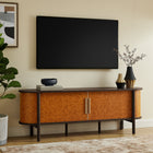 Modway Coralie Curved 71" Vegan Leather Oval TV Stand - Walnut Tan-Sliding Doors