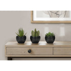 Monarch Specialties 6" Artificial Indoor Succulent Green Plants - Table - Black Pots - Set of 3-Each artificial plant is potted up in a neutral melamine black pot with sand dressing on top, perfect for placing indoors on tables, shelves, or other flat surfaces
