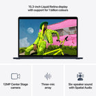 Apple MacBook Air 15" - M5 - 10-core CPU - 512 GB SSD - 16 GB Unified Memory - Midnight - French-12MP Center Stage Camera - Automatically stay in frame during video calls with Center Stage, or share a top-down view of your workspace with Desk View. And with a three-mic array and six-speaker sound system with Spatial Audio and Dolby Atmos, everything sounds great