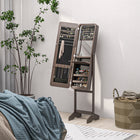HOMCOM Freestanding Mirror Jewelry Cabinet - 11.75" L x 57.5" W x 14.25" H - Brown-Including 3 bottom shelf, 3 rows of earring holes, 5 necklace hooks, 3 scarf rod, a storage bag, ring holders, 9 eyebrow pencil holder, a mirror and a fold up table 