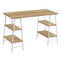 Monarch Specialties 7529 48" Computer Desk - Natural/White Metal-Industrial-style computer desk with 4 fixed, open shelves supported by sawhorse-style legs in a white metal finish