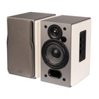 Edifier R1380T Stylish Bookshelf Speakers with dual RCA Input - White-Bass, treble, and volume controls on side panel. 