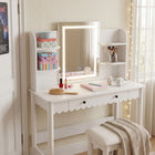 Modway Emmeline Scalloped Makeup Vanity Desk With LED Mirror and Stool - White/Ivory-Spacious Storage Drawer