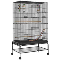 PawHut 63" H Bird Cage with Rolling Stand, Toys, Removable Tray and Storage Shelf - Black-Spacious living area and 0.5" (1.2 cm) bar spacing, for finches, lovebirds, canaries, budgies, parakeets and more 