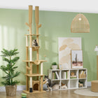 PawHut 89" - 100" Floor-To-Ceiling Cat Tree with Scratching Posts - Brown-Includes two cat hammocks and a cat cave for comfort 