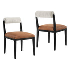 Modway Kai Boucle and Vegan Leather Dining Chair 2-Piece Set - Pearl/Tan/Black-Ash Wood Frame and Legs