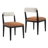 Modway Kai Boucle and Vegan Leather Dining Chair 2-Piece Set - Pearl/Tan/Black-Ash Wood Frame and Legs