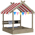 Outsunny Outdoor Kids Sandbox with Cover, Liner, Blackboard, Toys, Seat and Flags - Grey-Made of fir wood with a smooth surface 